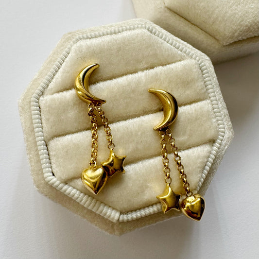 9ct Vintage moon & star love earrings