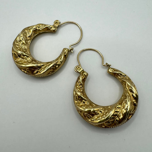 9ct Vintage leaf embossed creole hoops