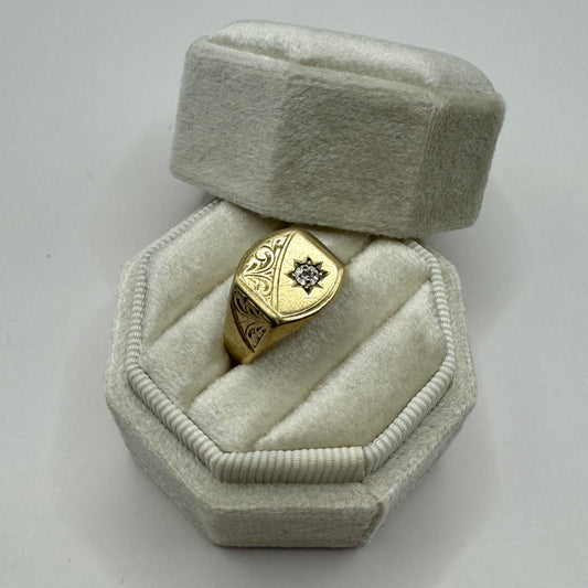 9ct Solid square engraved signet ring with diamond