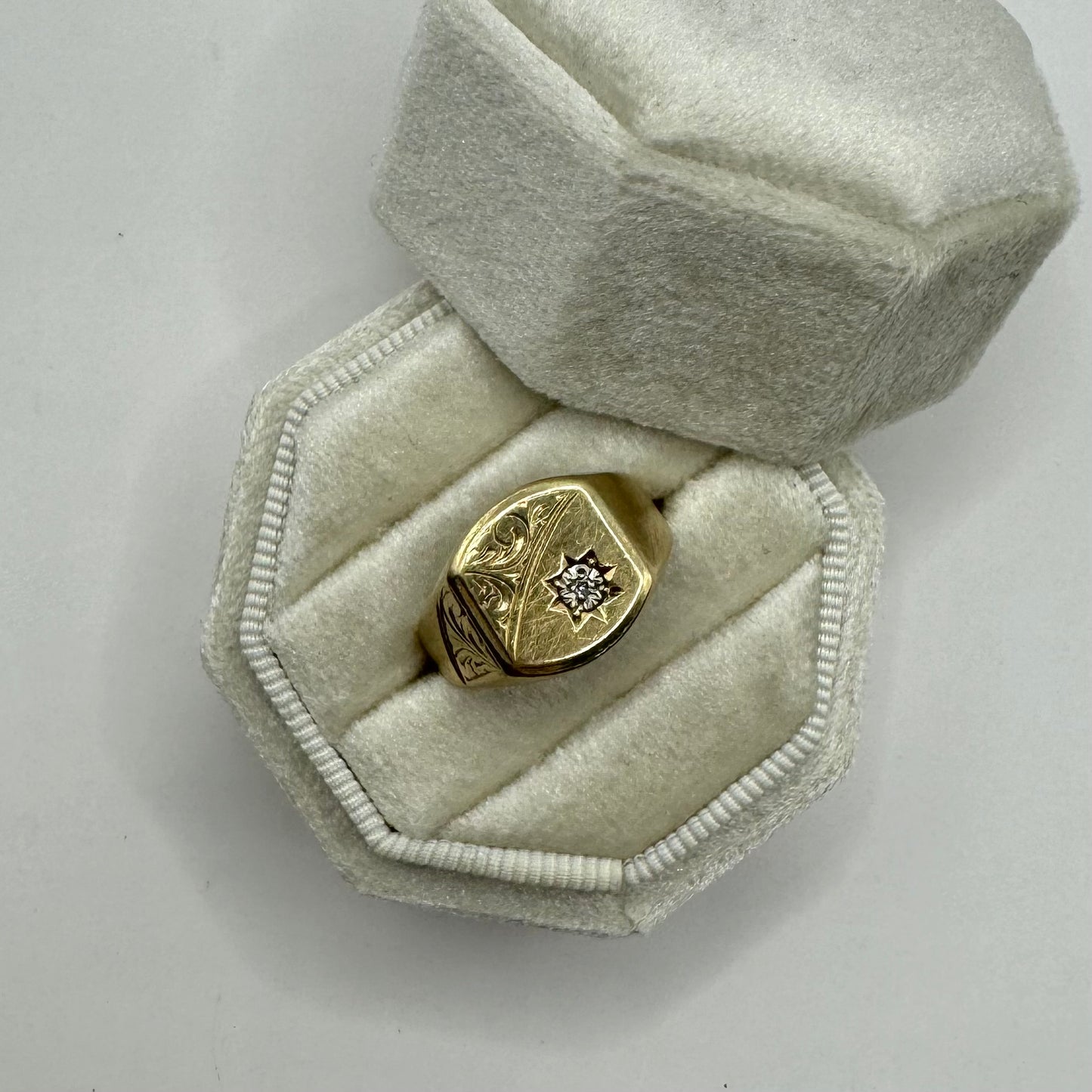 9ct Solid square engraved signet ring with diamond