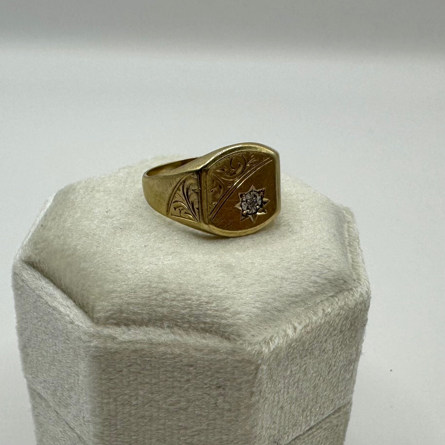 9ct Solid square engraved signet ring with diamond