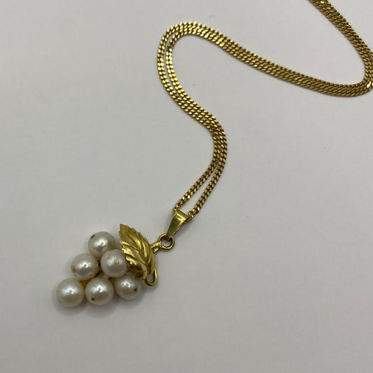 Dainty pearl grapes with 18ct gold leaf pendant & chain